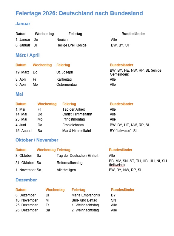 Feiertage 2026