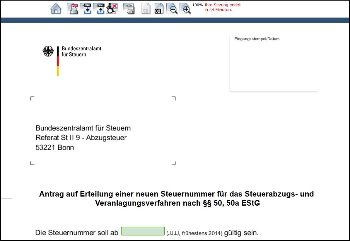 Screenshots Formular: Antrag auf Erteilung einer neuen Steuernummer