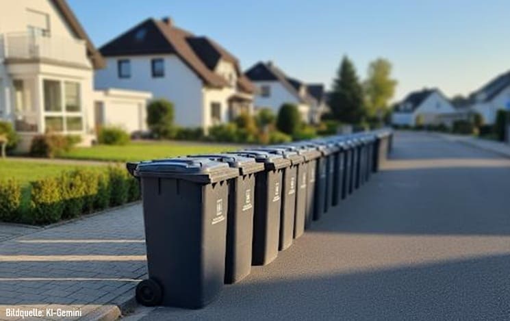 Mehrere schwarze Mülltonnen parallel zur Straße.