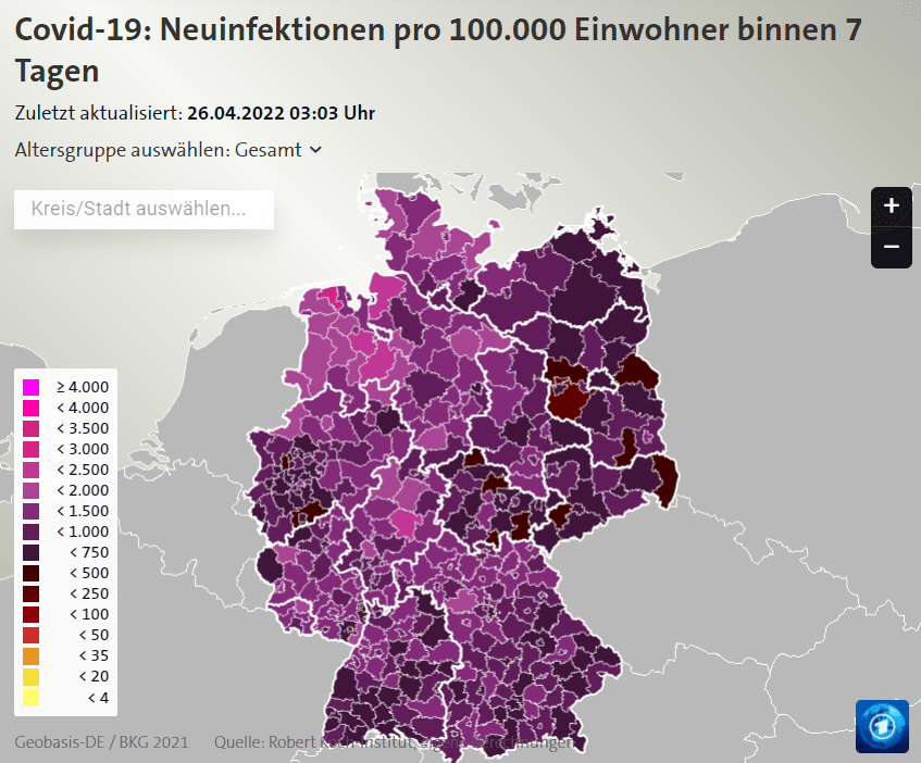 Karte mit Corona-Neuinfektionen binnen 7 Tagen